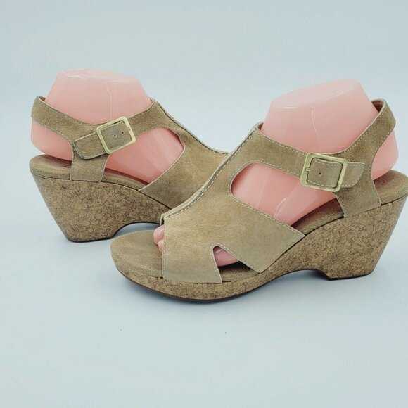 Clarks Shoes - Clarks Tan Suede Open Toe Slingback Cork Wedge Sandal Size 9M